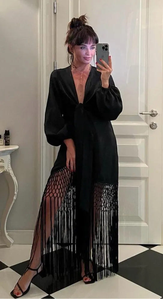 Zara dress midi black linen fringed fringes boho - Image 2