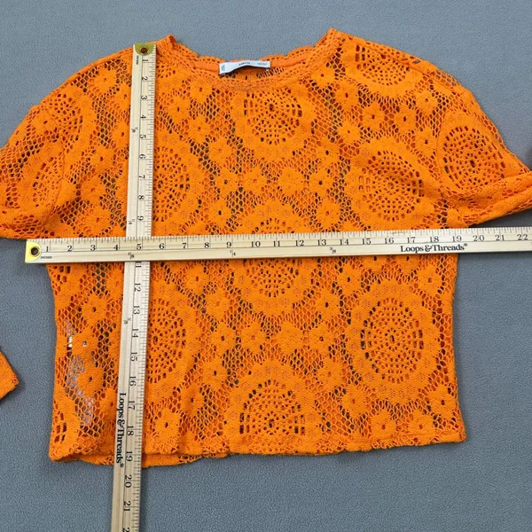 MNG Mango Orange Crochet Open Knit Top S Cropped Long Sleeve Trendy Fashion Cute - Image 3