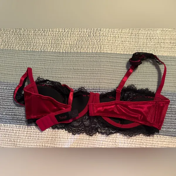 Frederick's of Hollywood Burgundy and Black Lace Satin Balconette Bra - Image 4