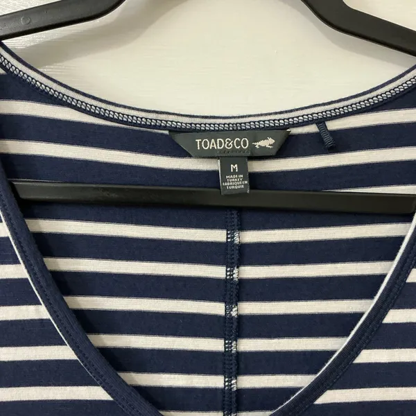 Toad&Co Striped Ruched Midi Dress M Blue Organic Cotton Coastal Nautical Preppy - Image 3