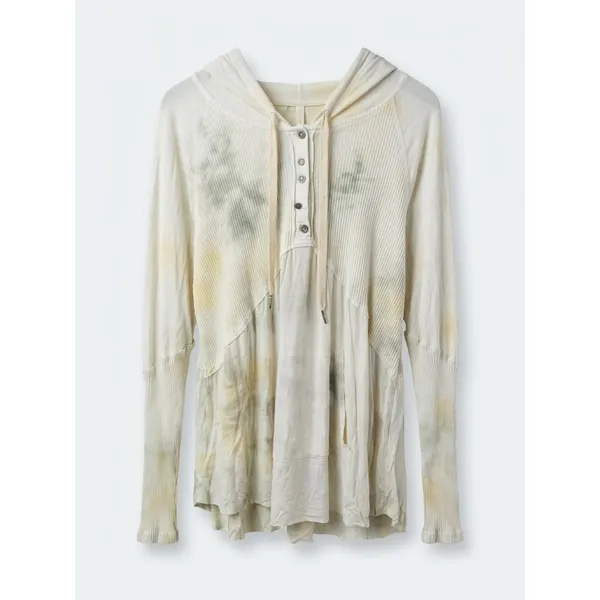 POL‎ Cream Tie Dye Ribbed Hooded Henley Tunic Top Size L Oversized Boho - Image 2