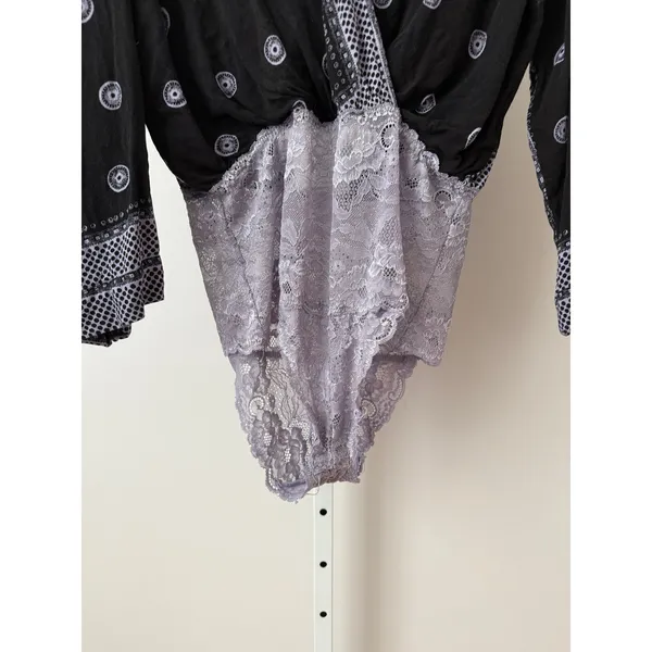 Free People L Black Medallion Lace Bodysuit Beachy Relaxed Shabby Festival‎ Top - Image 3