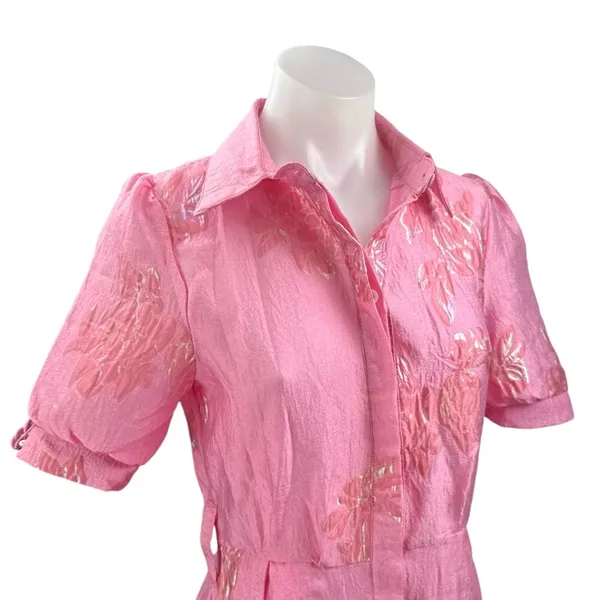Women's Floral Jacquard Short Sleeve Button Up A Line Maxi Shirt Dress Size S - Image 3