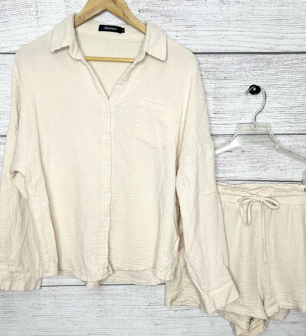Neutral Cream Button-Up Shirt & Casual Drawstring Shorts Summer Set Size Small - Image 10