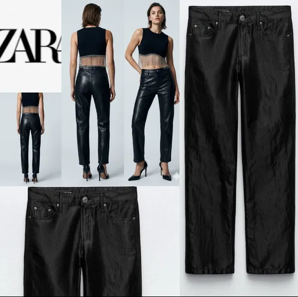 Zara Nwt Satin Effect Shiny Metallic Mid Waist Straight Leg Pants 4 - Image 2