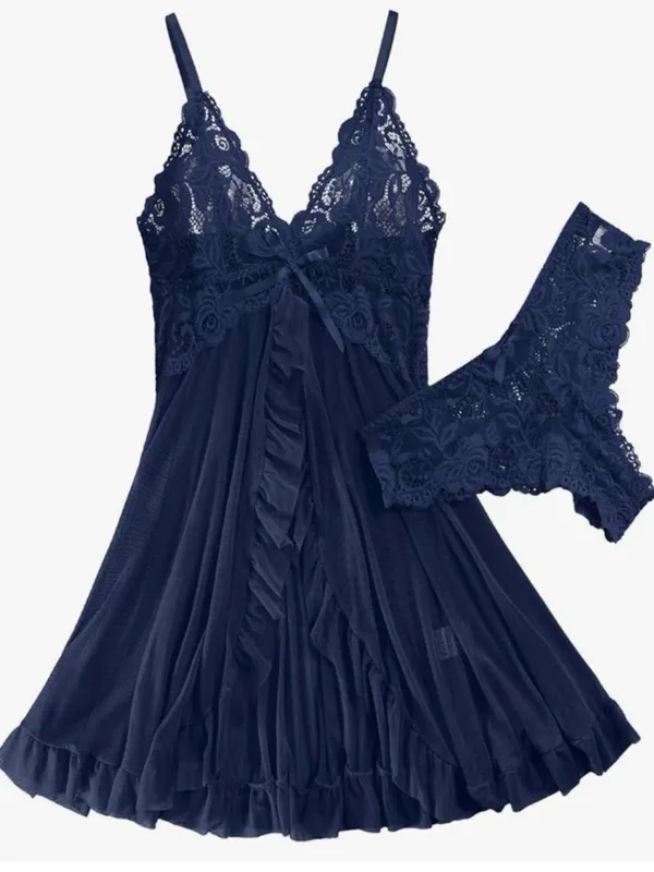 NWT Blue Lace Babydoll Lingerie Set Sexy Sheer Chemise Size S - Image 3