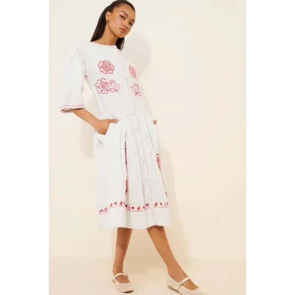 Free People Embroidered Cottage Bohemian Seersucker Saugatuck Midi Dress Large - Image 12