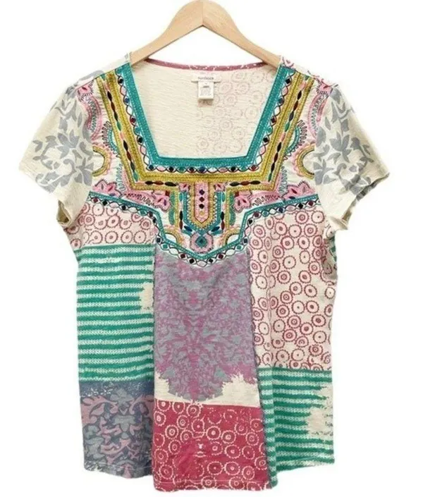 Sundance World Citizen Patchwork Crochet Detail Short Sleeve Top Size Medium - Image 2