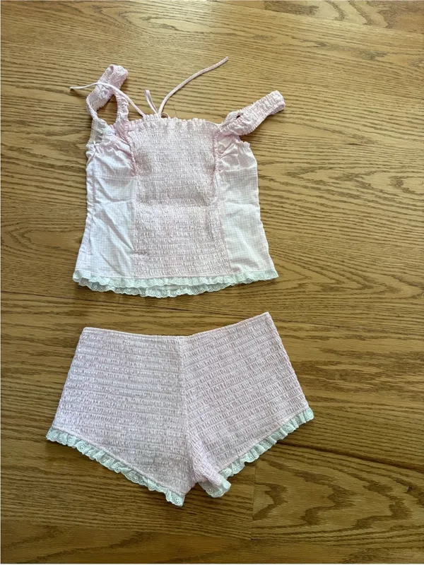 Frankie's Bikinis Light Pink Lace-Trim gingham Set - Image 3