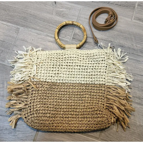 Boho Straw Crossbody Bag Bamboo‎ Handle Fringe Tote Beach Purse Two Tone Chic - Image 4