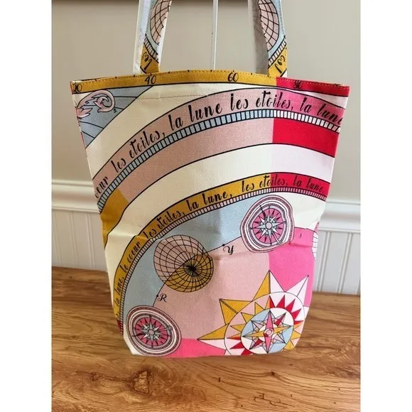 Tory Burch Celestial Canvas Tote Bag Moon Stars Pink Multicolor Large - Image 4