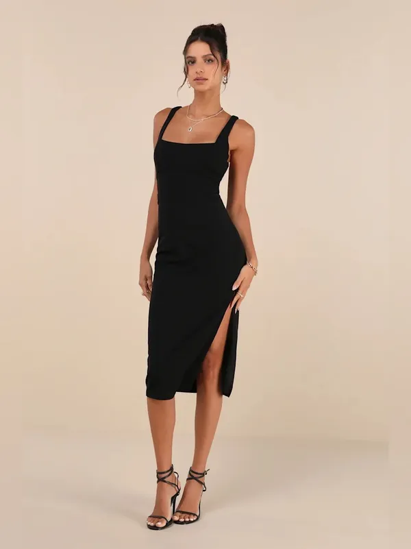 Lulus Vibrant Allure Black Square Neck Sleeveless Bodycon Midi Dress Size large - Image 3