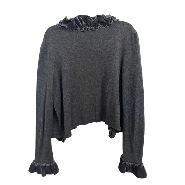 Dark Gray Velvet Ruffle Cropped Open Front Cardigan M Whimsigoth Fairy Grunge - Image 2