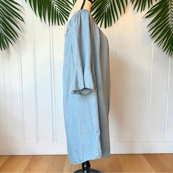 Forever 21+ Off-Shoulder Chambray Dress | Light Wash Denim Look | Size 1X | NWT - Image 3
