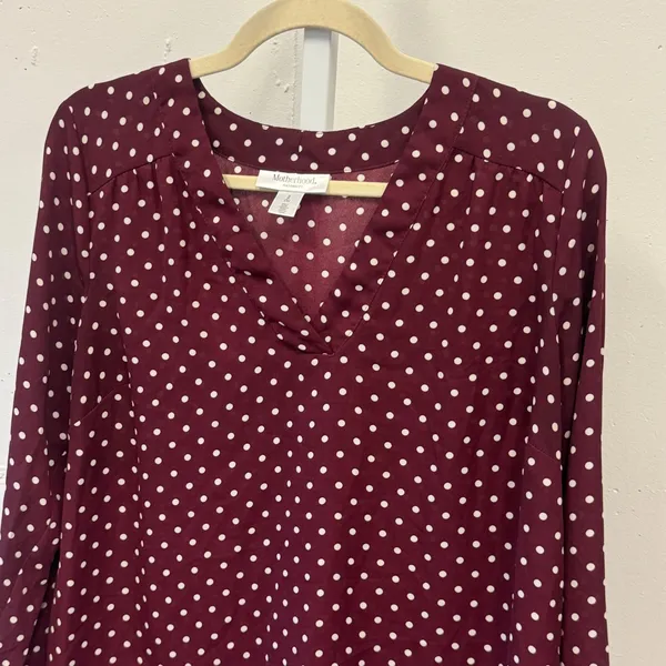 Motherhood Maternity Blouse Small Burgundy Polka Dot V-Neck Long Sleeve Top - Image 4