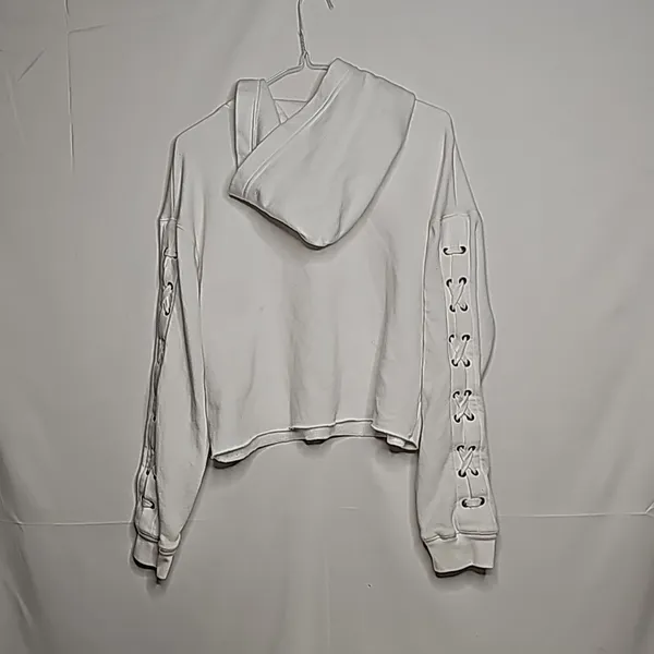 PINK Victoria's Secret hooded hoodie cropped crop white sweatshirt tied on arms M - Image 6