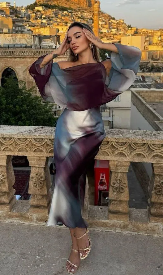 Zara midi dress layered tie dye Multicolor One-Shoulder satin evening wedding - Image 10