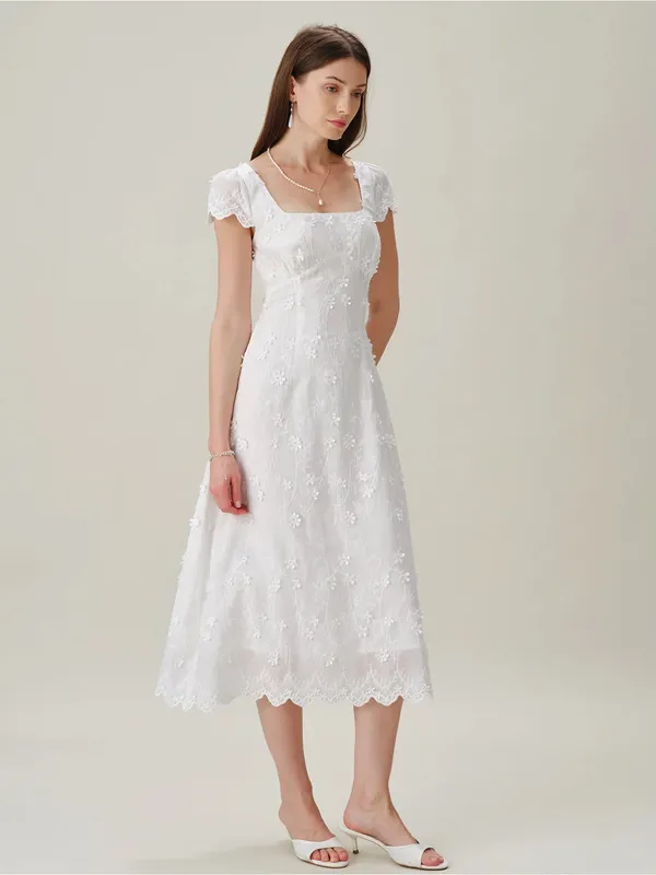 Rihoas White Square Neck Embroidery Midi Dress - Image 4