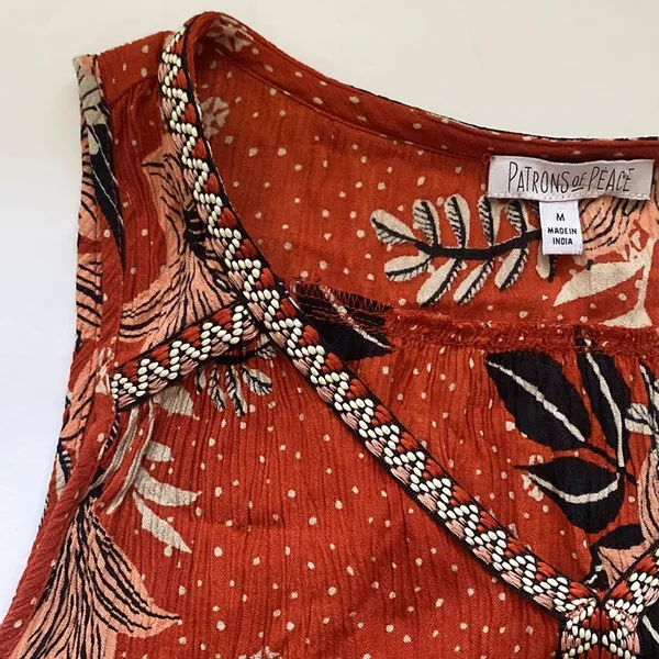 Patrons of Peace sleeveless embroidered floral ruffle hem boho tank, size medium - Image 2