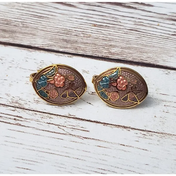 Vintage Clip On Earrings - 5/8" Oval Shape with Butterfly & Flowers Design - Image 4