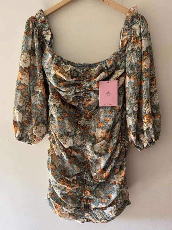 Hello Molly NEW! Basque Country Dress Sage Floral Ruched Mini Dress - Image 2