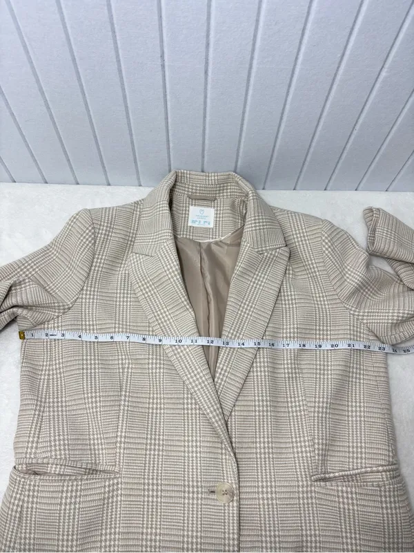 Primark Cream Plaid Long‎ Blazer Jacket Size 12 - Image 7