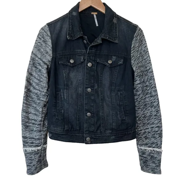 Free People jacket women's small denim rib knit distressed button front gray - Image 2