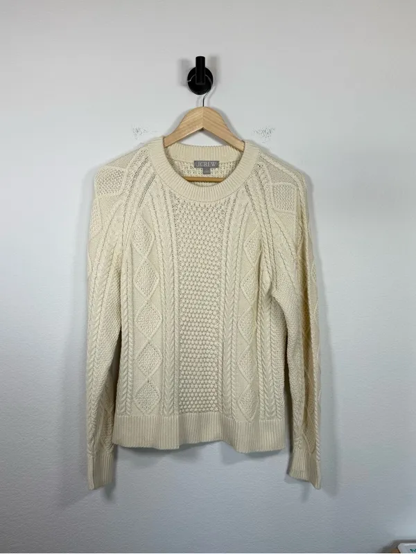 J. Crew Women’s Cotton Cable Knit Crewneck Sweater Ivory Size S - Image 3