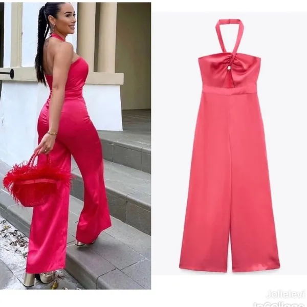 Zara Satin Halter Wide-Leg Jumpsuit in Hot Pink - Image 2