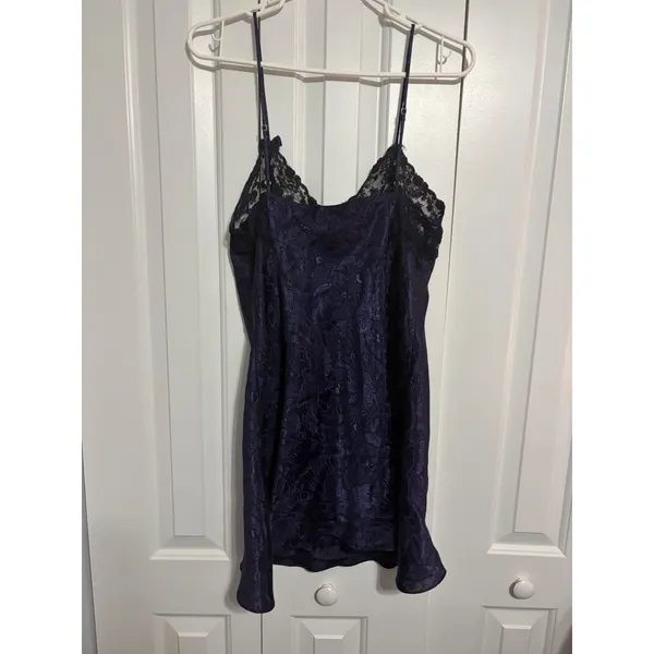 Victoria's Secret Slip Dress Vintage Jacquard Navy Blue Lace Trim Large Coquette - Image 5