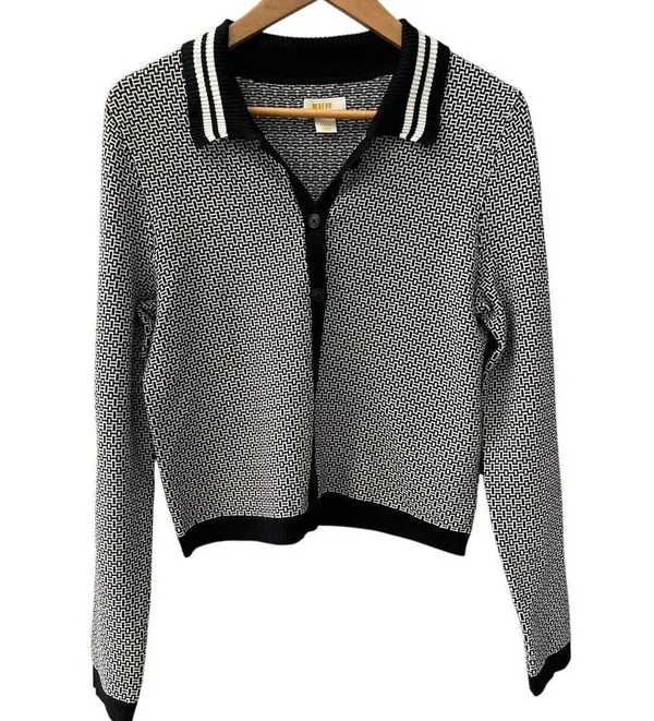 Anthropologie Maeve Preppy Black/White Cropped Plunging Polo Cardigan Size Small - Image 6