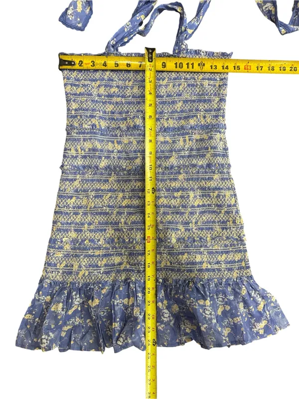 LoveShackFancy Belle Smocked Tie Straps Cotton Mini Dress Blue Jay Floral Print - Image 13