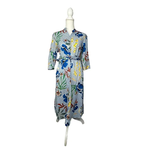 Zara Tie Waist Floral Pinstriped Shirt‎ Dress Women's Cotton Medium - Image 2