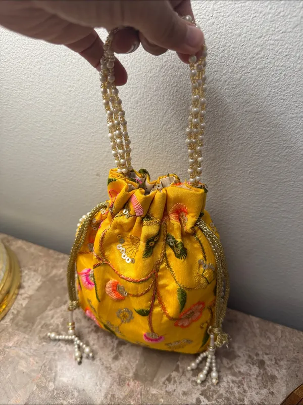 Yellow Floral Embroidered Indian potli Bag - Image 5