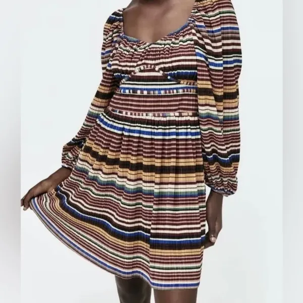 ZARA Like New Striped Midi Long‎ Sleeve Dress Medium Faux Corset Style Mu… - Image 3