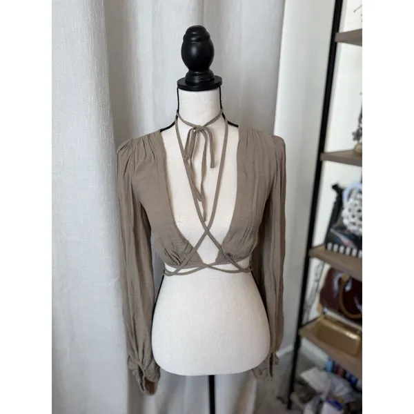 Princess Polly Cropped Top Womens 2 Beige knit Long Sleeve Boho Tie Waisted - Image 11