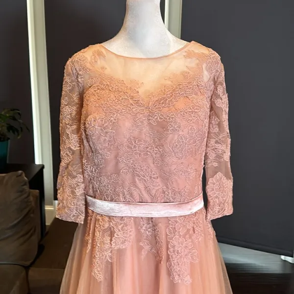 Women’s Pink Lace Appliqué Tulle Wedding Formal Prom Dress Leg Slit Size L NWOT - Image 2