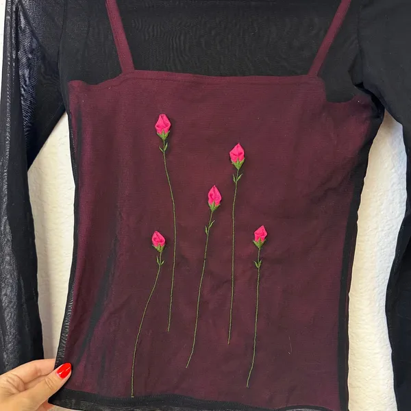 Vintage Currants Y2K Rose Embroidered Mesh Layered Top Romantic Goth - Image 2