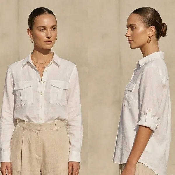 Zara 100% Linen Relaxed Fit Button Down Shirt Oyster White Sz Large‎ Casual Boho - Image 2
