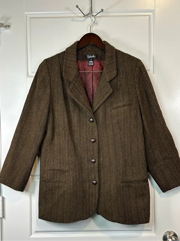 Vintage 2000s Rafaella Women’s Brown Herringbone Tweed Wool Blazer Size 16 - Image 10