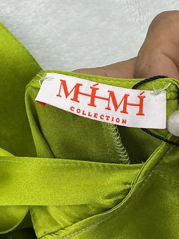 97% silk High-Neck Olive Green Satin Mini Dress 1211 - Image 7