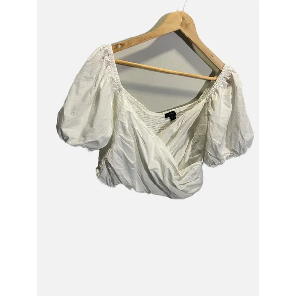 J.Crew Wrap Crop Top Womens XL White‎ Puff Sleeve Smocked Cotton Cottagecore - Image 2