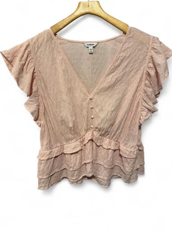 Express Pink Flutter Sleeve Ruffle Peplum Blouse V-Neck Boho Top Size xl - Image 3