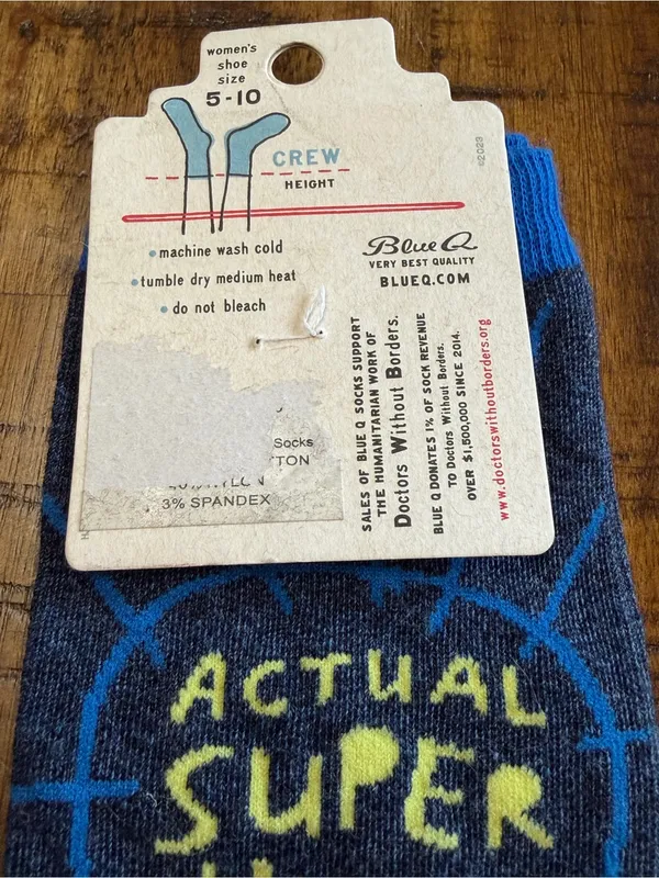 Blue Q Navy Crew Socks with Yellow 'Actual Super Hero' Text - Image 5