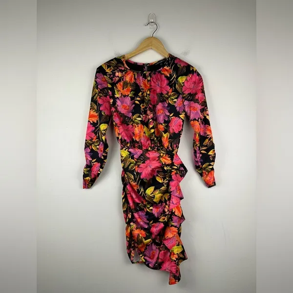 For Love and Lemons Dakota Black Floral Satin Long Sleeves Ruffle Dress Sz XXS‎ - Image 2
