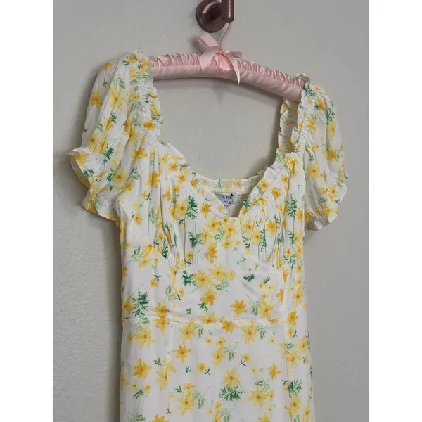 Large Sophie Rue Rayon Puff Sleeve Mini Dress Butter Yellow Floral Sundress - Image 3