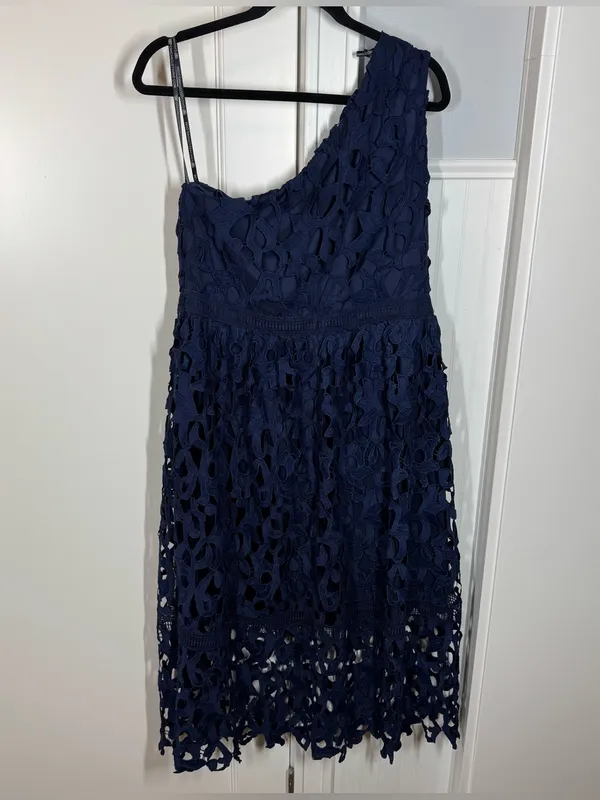 Chi chi London Curve One Shoulder Skater‎ Crochet Dress In Navy size 14 NWT - Image 6