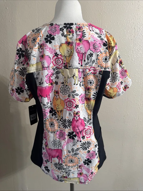 Cherokee V-Neck Scrub Top in Pink, Yellow & Black Floral llama Print - Image 7