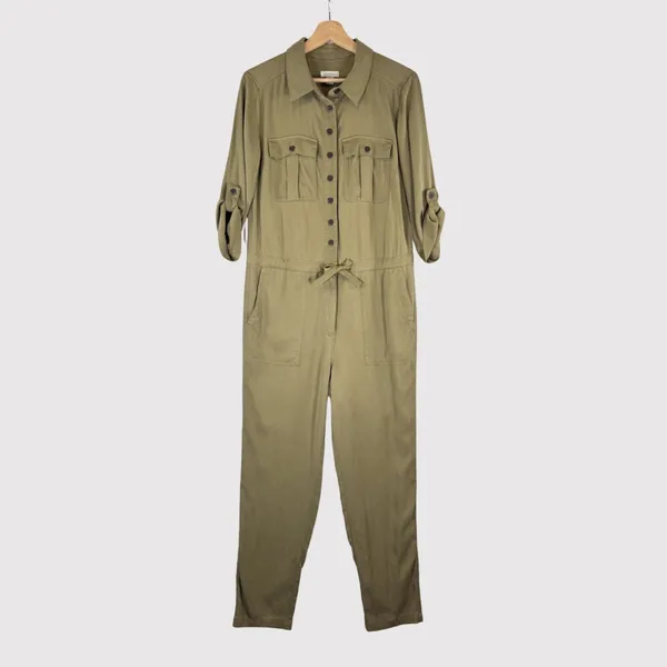 Sundance Womens Jumpsuit Green Wayside Roll Tab Sleeve Waist Tie Utility XS - Image 2