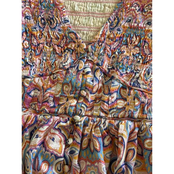 Anthropologie Peregrine Mini Dress Medium Petite Pink Blue Floral Paisley Ruffle - Image 5